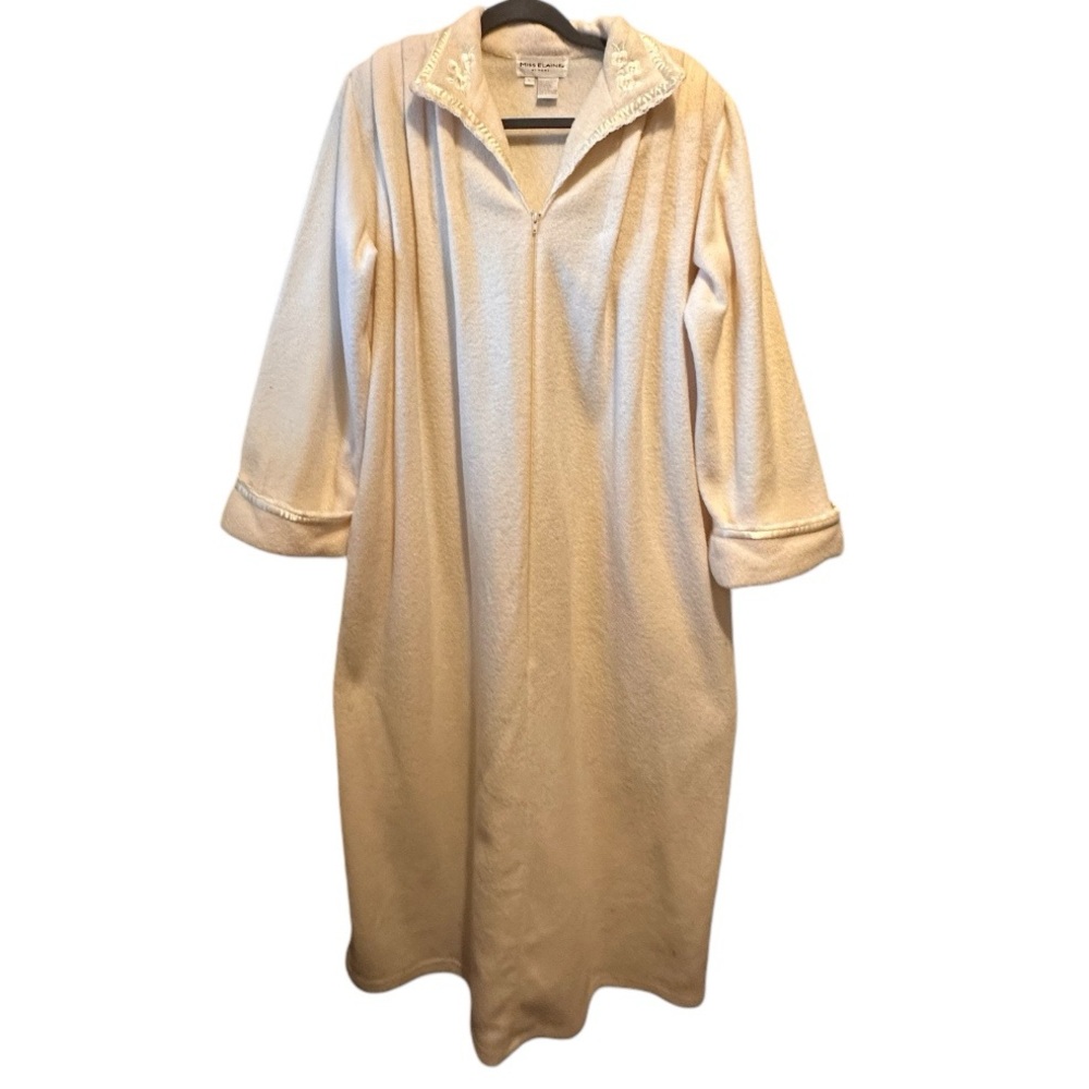 MISS ELAINE Cream Long Sleeve Plush Brushed Terry Cloth Zip Robe Embroidered L